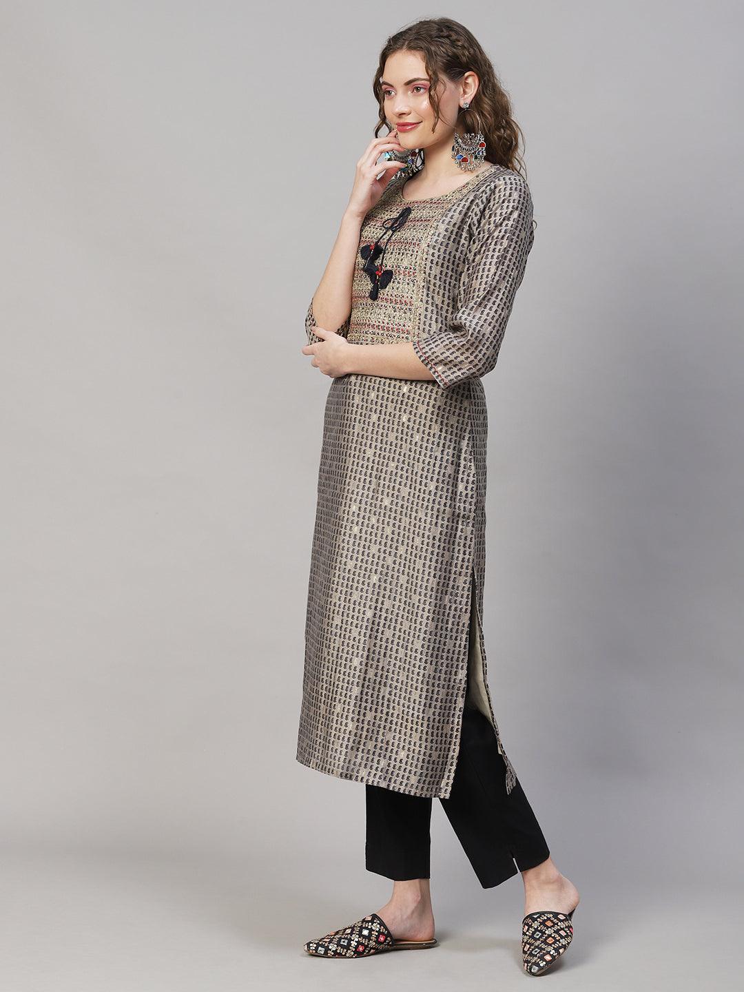 Ethnic Printed & Embroidered Straight Fit Kurta with Pants - Taupe - Indiakreations