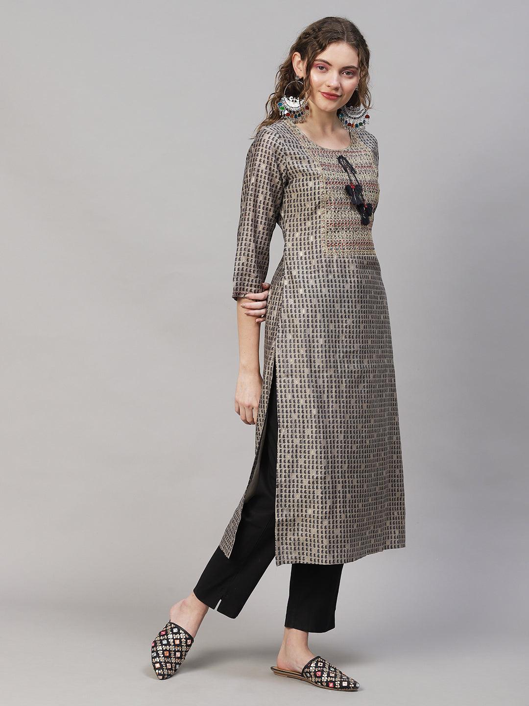 Ethnic Printed & Embroidered Straight Fit Kurta with Pants - Taupe - Indiakreations