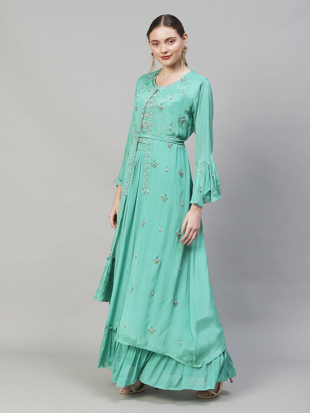 Ethnic Hand Embroidered Short Top & Flared Skirt with Jacket - Mint Green - Indiakreations