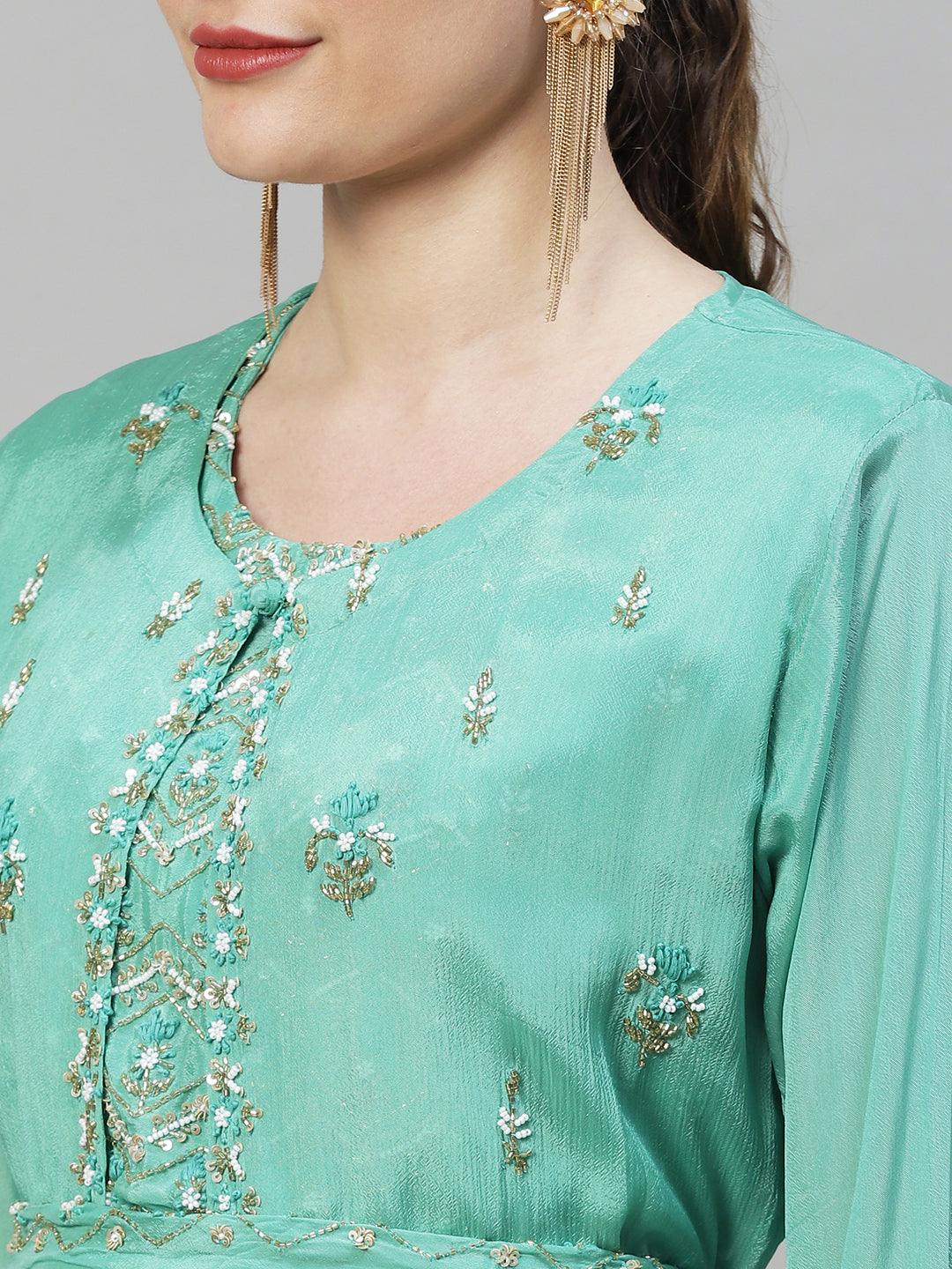 Ethnic Hand Embroidered Short Top & Flared Skirt with Jacket - Mint Green - Indiakreations