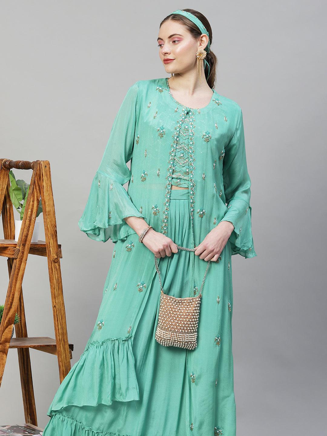 Ethnic Hand Embroidered Short Top & Flared Skirt with Jacket - Mint Green - Indiakreations