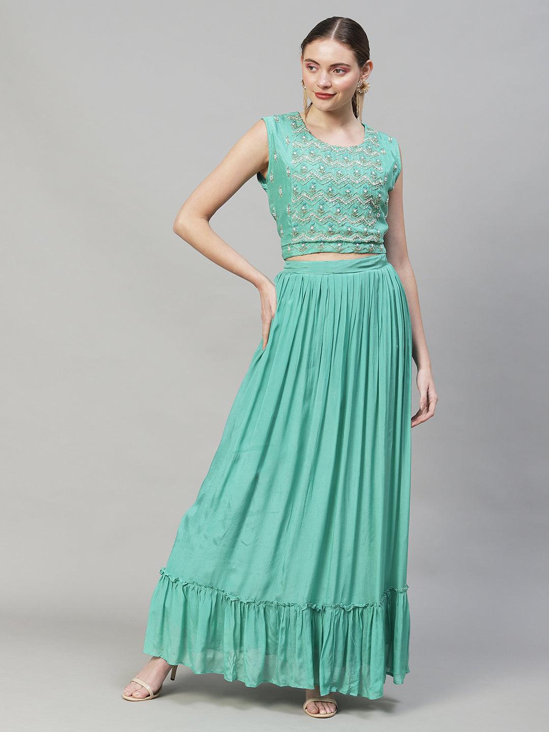 Ethnic Hand Embroidered Short Top & Flared Skirt with Jacket - Mint Green - Indiakreations