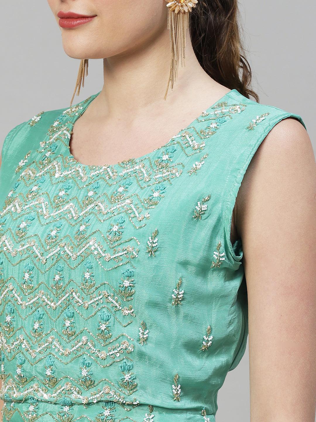 Ethnic Hand Embroidered Short Top & Flared Skirt with Jacket - Mint Green - Indiakreations