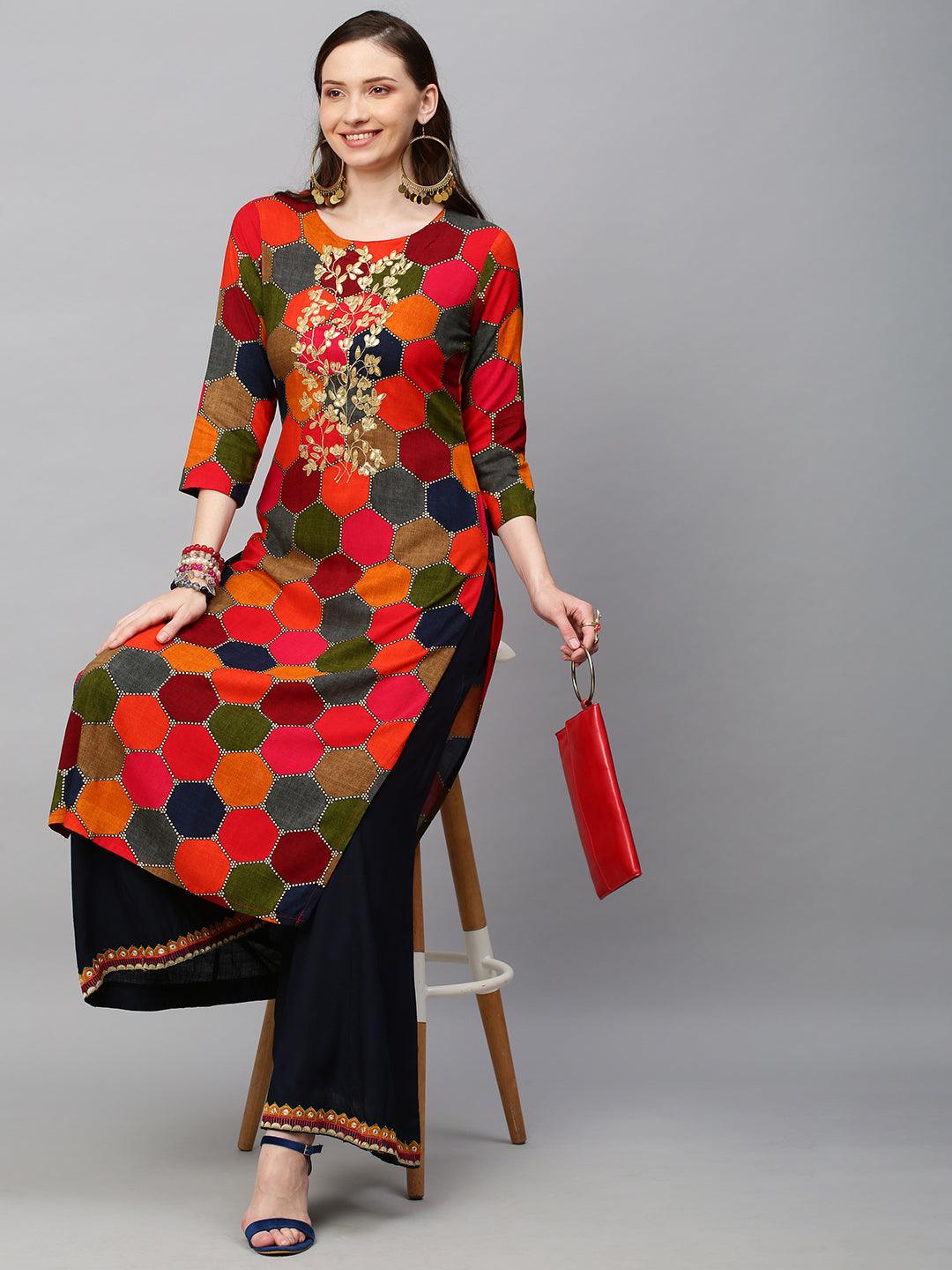 Ethnic Printed & Embroidered Straight Fit Kurta with Palazzo - Multi - Indiakreations