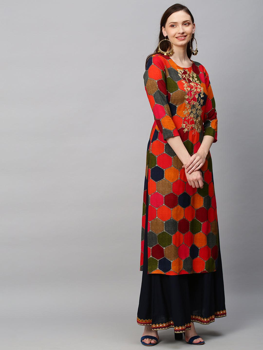 Ethnic Printed & Embroidered Straight Fit Kurta with Palazzo - Multi - Indiakreations