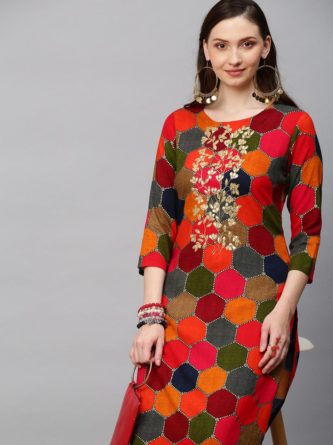 Ethnic Printed & Embroidered Straight Fit Kurta with Palazzo - Multi - Indiakreations