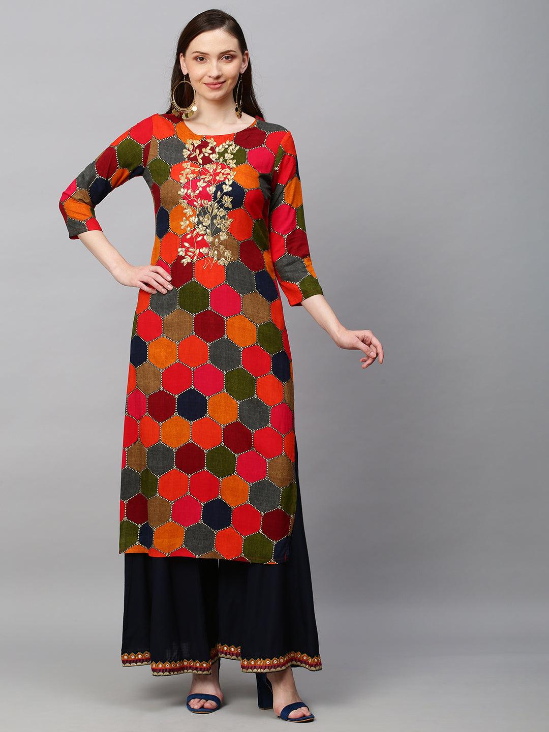 Ethnic Printed & Embroidered Straight Fit Kurta with Palazzo - Multi - Indiakreations