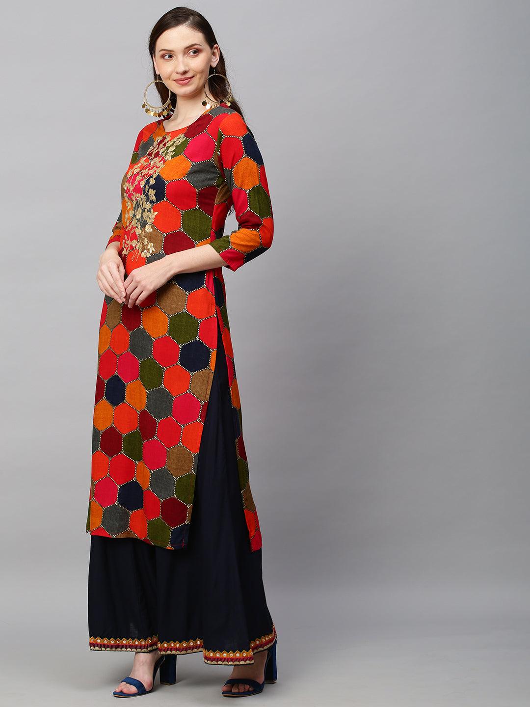 Ethnic Printed & Embroidered Straight Fit Kurta with Palazzo - Multi - Indiakreations