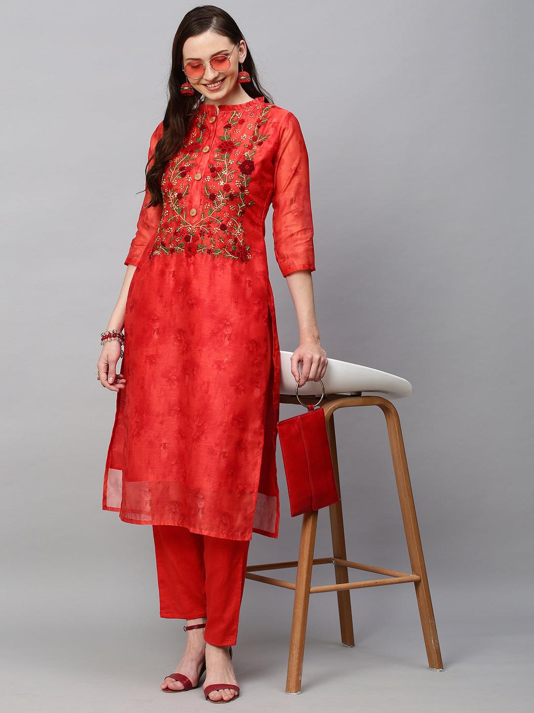 Abstract Printed & Hand Embroidered Straight Kurta with Pants - Rust - Indiakreations