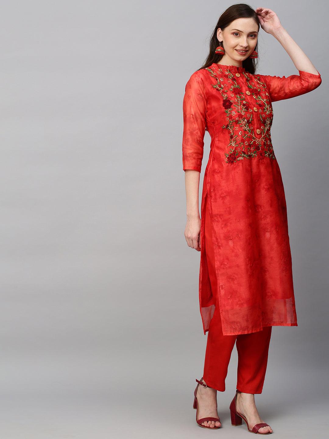 Abstract Printed & Hand Embroidered Straight Kurta with Pants - Rust - Indiakreations