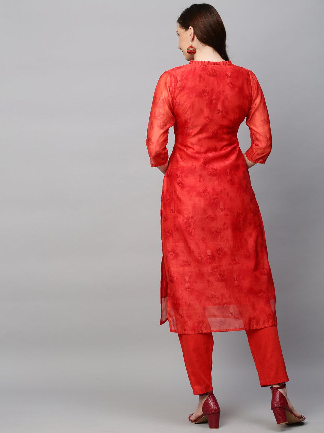 Abstract Printed & Hand Embroidered Straight Kurta with Pants - Rust - Indiakreations