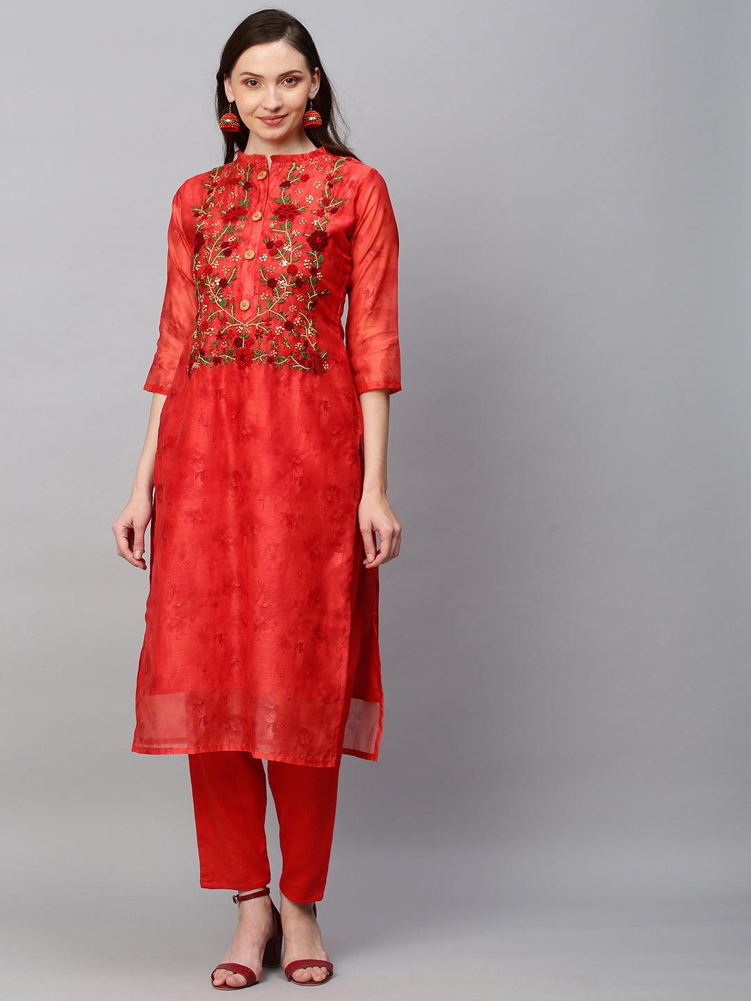 Abstract Printed & Hand Embroidered Straight Kurta with Pants - Rust - Indiakreations