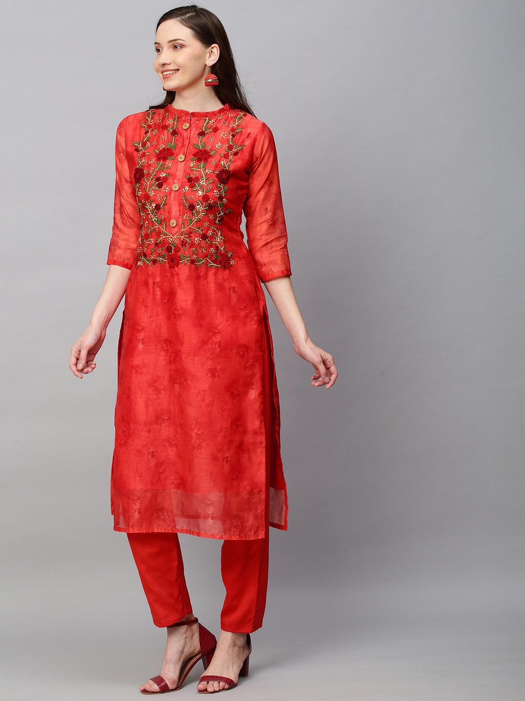 Abstract Printed & Hand Embroidered Straight Kurta with Pants - Rust - Indiakreations