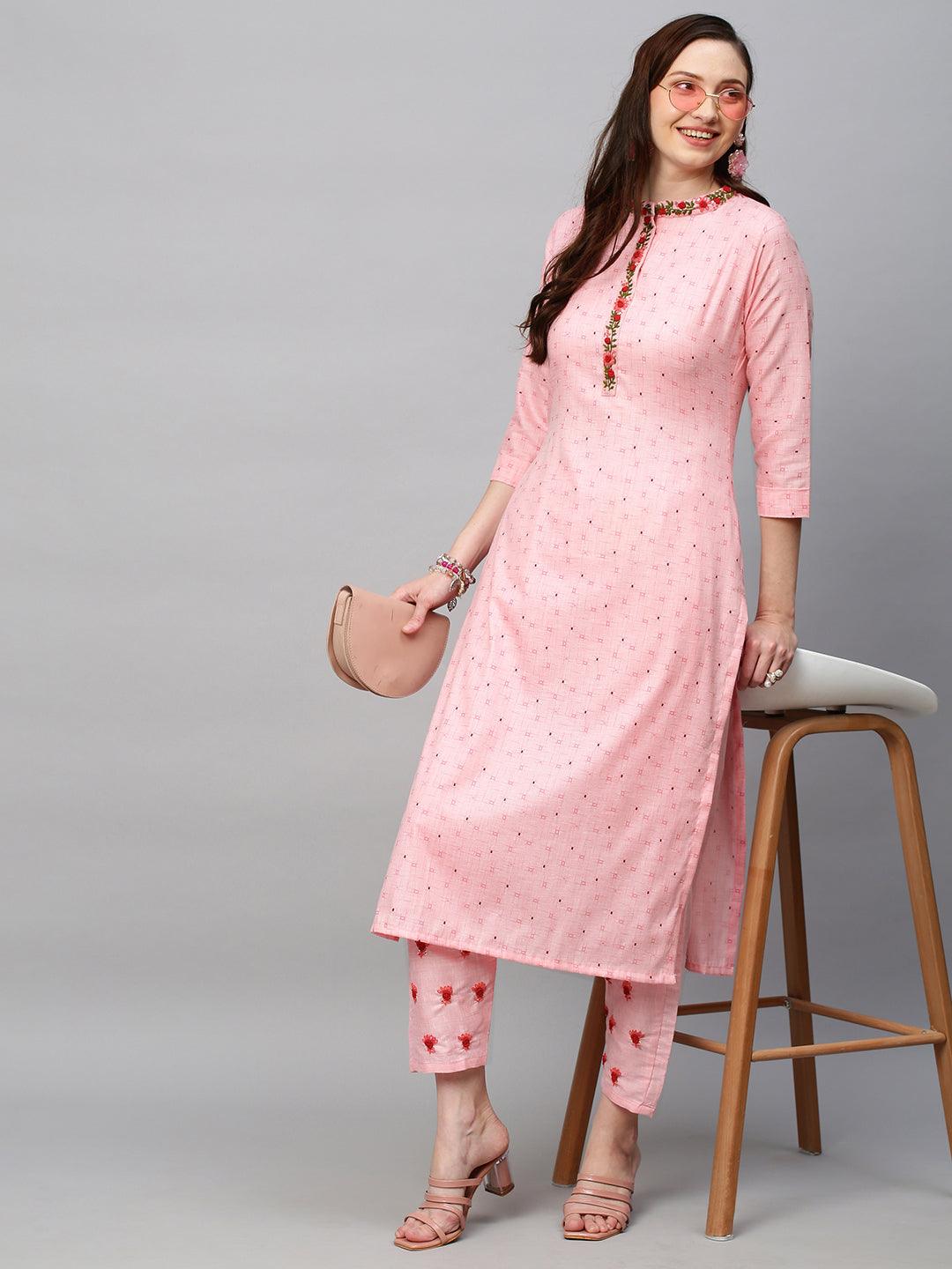 Ethnic Printed & Hand Embroidered Straight Fit Kurta with Pants - Pink - Indiakreations