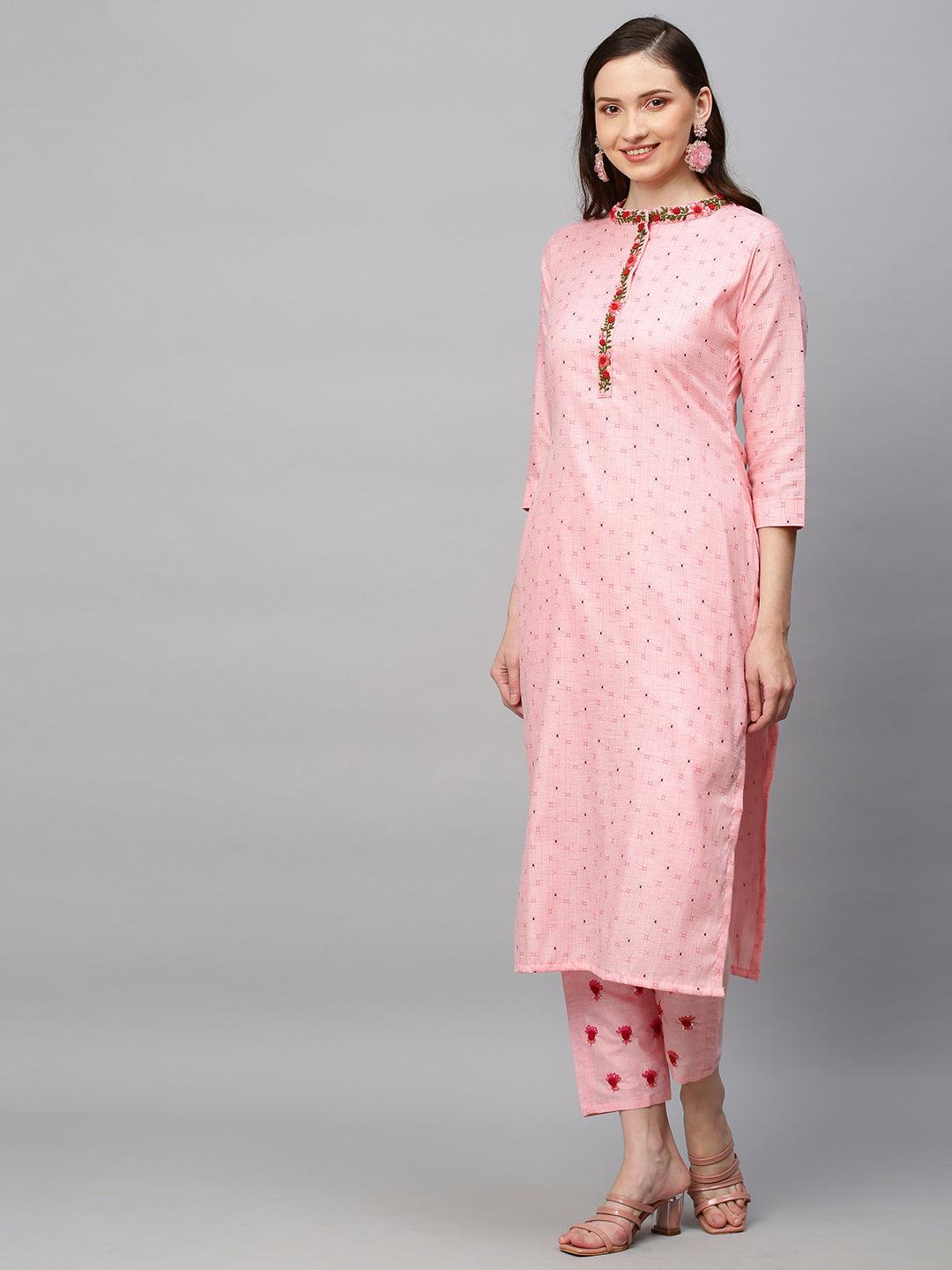 Ethnic Printed & Hand Embroidered Straight Fit Kurta with Pants - Pink - Indiakreations