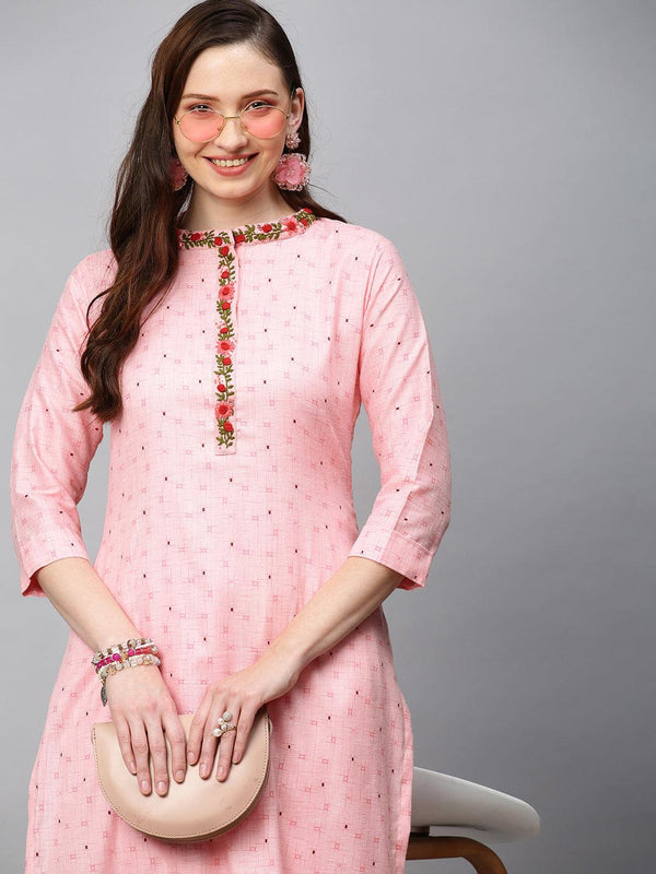 Ethnic Printed & Hand Embroidered Straight Fit Kurta with Pants - Pink - Indiakreations