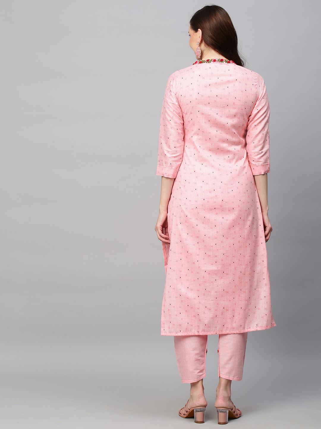 Ethnic Printed & Hand Embroidered Straight Fit Kurta with Pants - Pink - Indiakreations