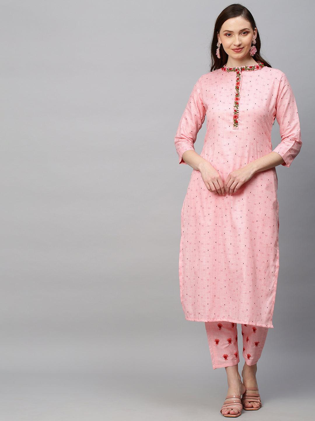 Ethnic Printed & Hand Embroidered Straight Fit Kurta with Pants - Pink - Indiakreations