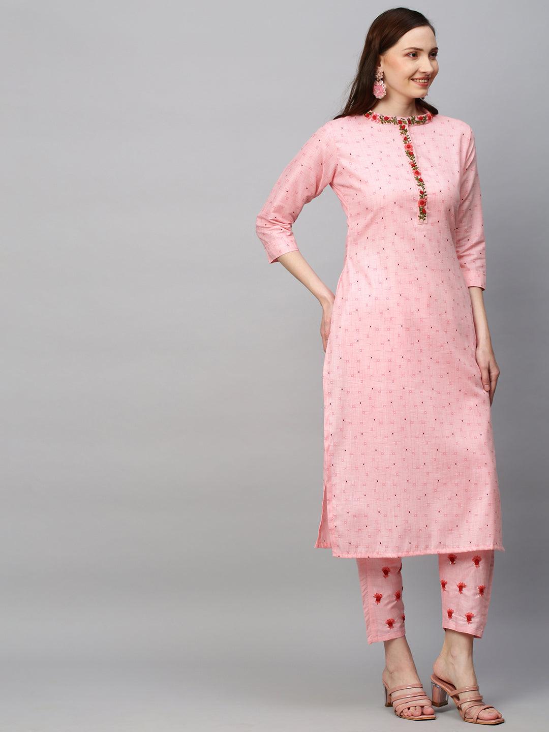 Ethnic Printed & Hand Embroidered Straight Fit Kurta with Pants - Pink - Indiakreations