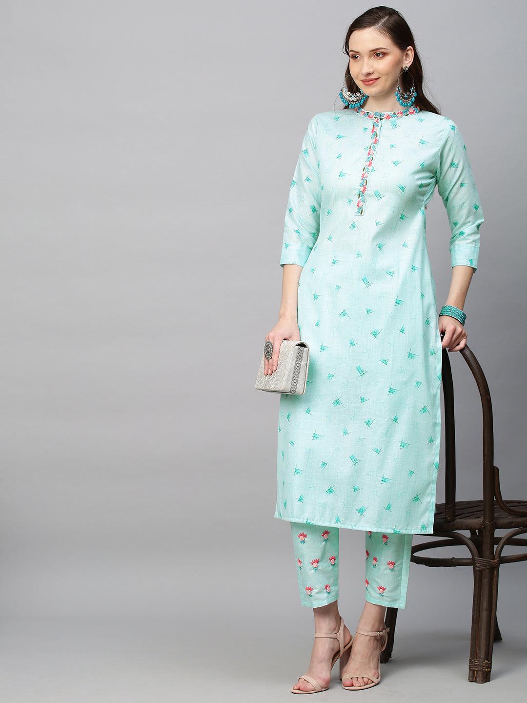 Ethnic Printed & Hand Embroidered Straight Fit Kurta with Pants - Aqua Blue - Indiakreations