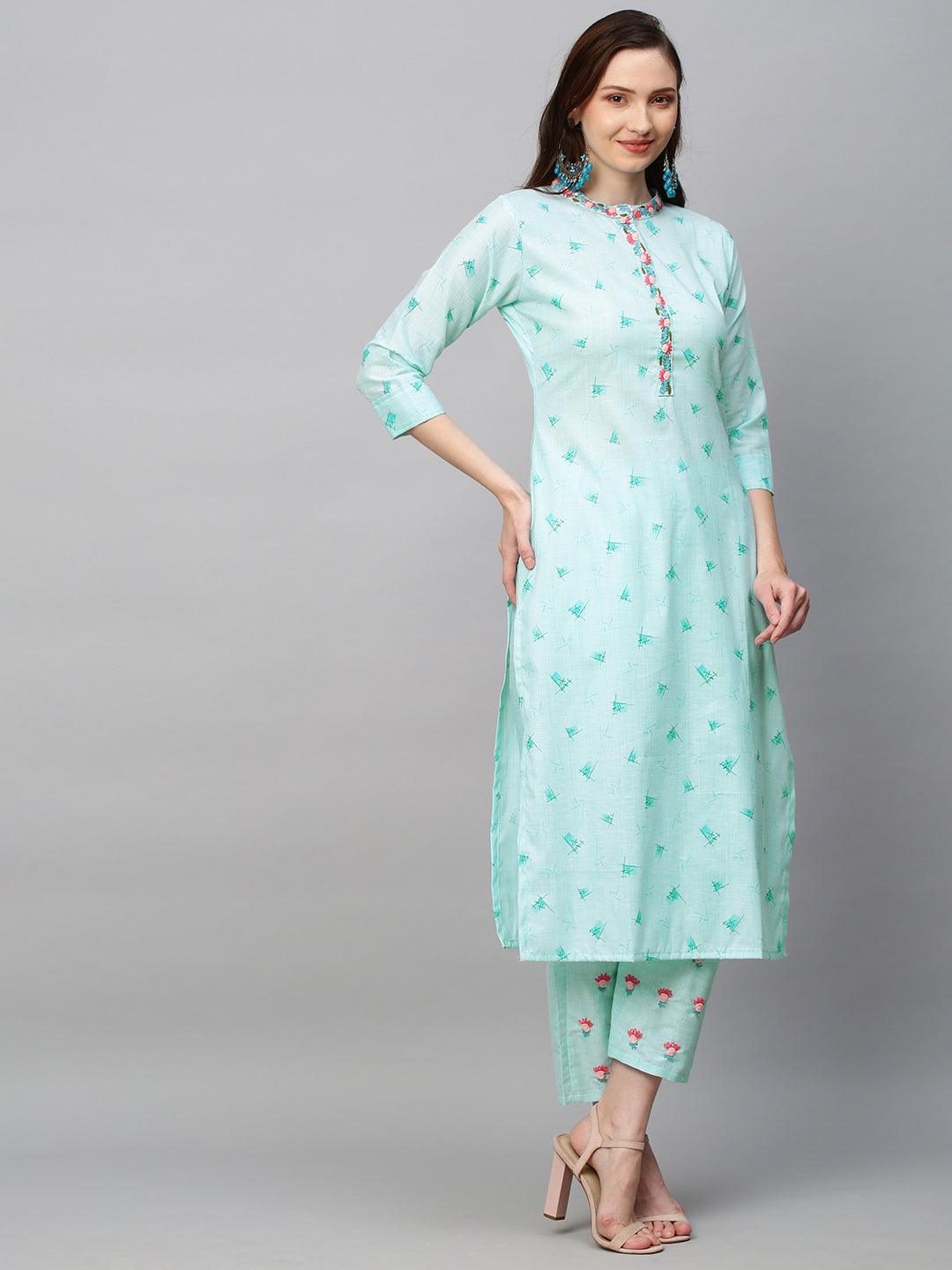 Ethnic Printed & Hand Embroidered Straight Fit Kurta with Pants - Aqua Blue - Indiakreations