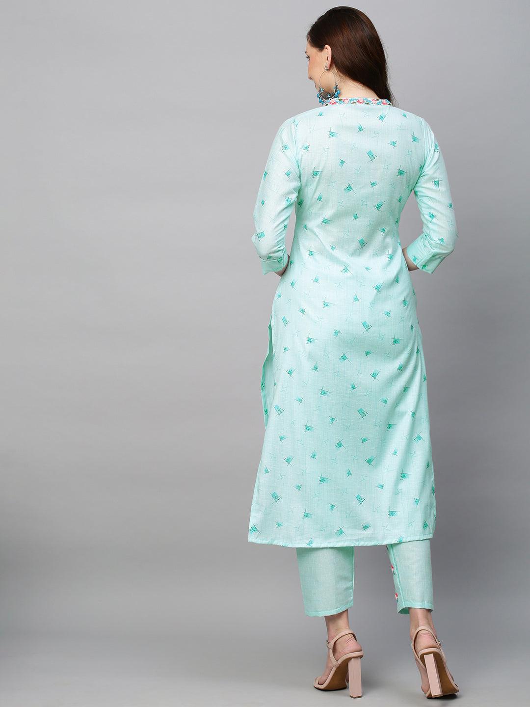 Ethnic Printed & Hand Embroidered Straight Fit Kurta with Pants - Aqua Blue - Indiakreations