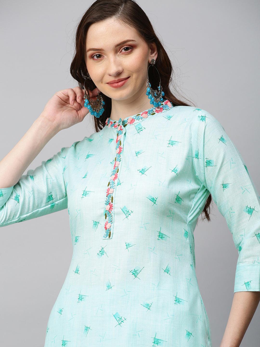 Ethnic Printed & Hand Embroidered Straight Fit Kurta with Pants - Aqua Blue - Indiakreations