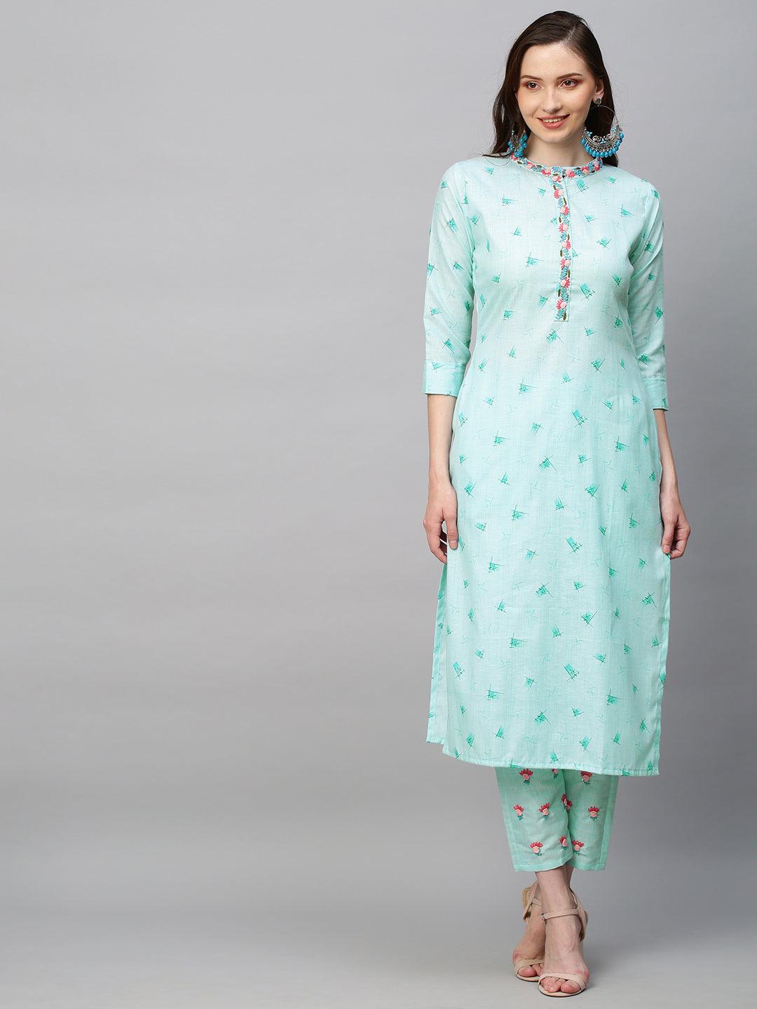 Ethnic Printed & Hand Embroidered Straight Fit Kurta with Pants - Aqua Blue - Indiakreations