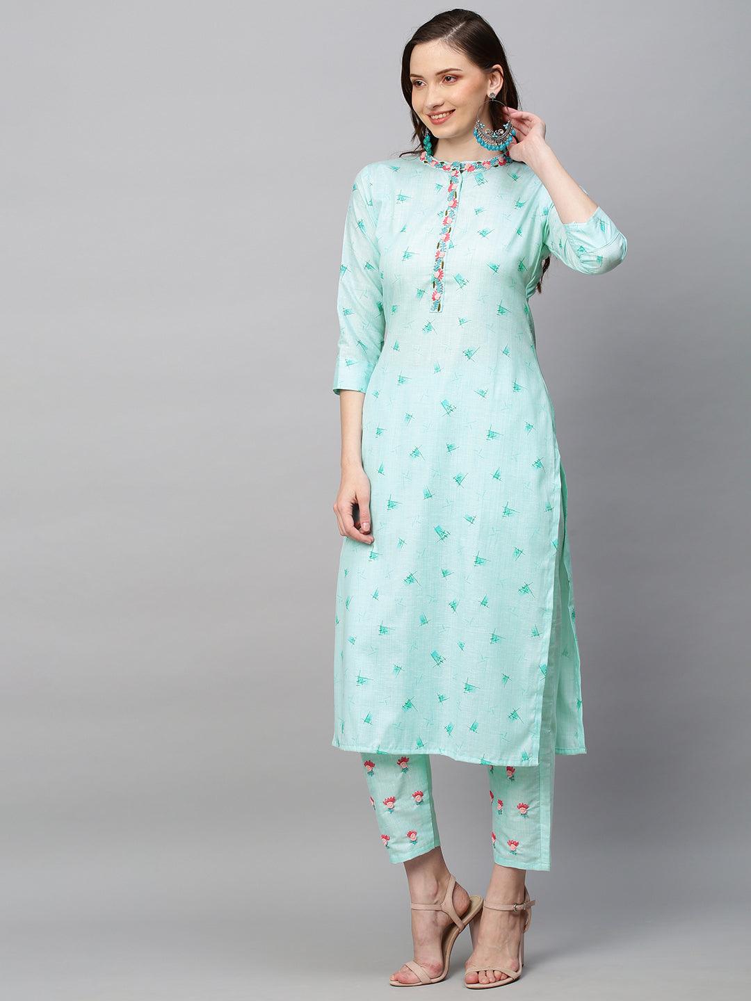 Ethnic Printed & Hand Embroidered Straight Fit Kurta with Pants - Aqua Blue - Indiakreations