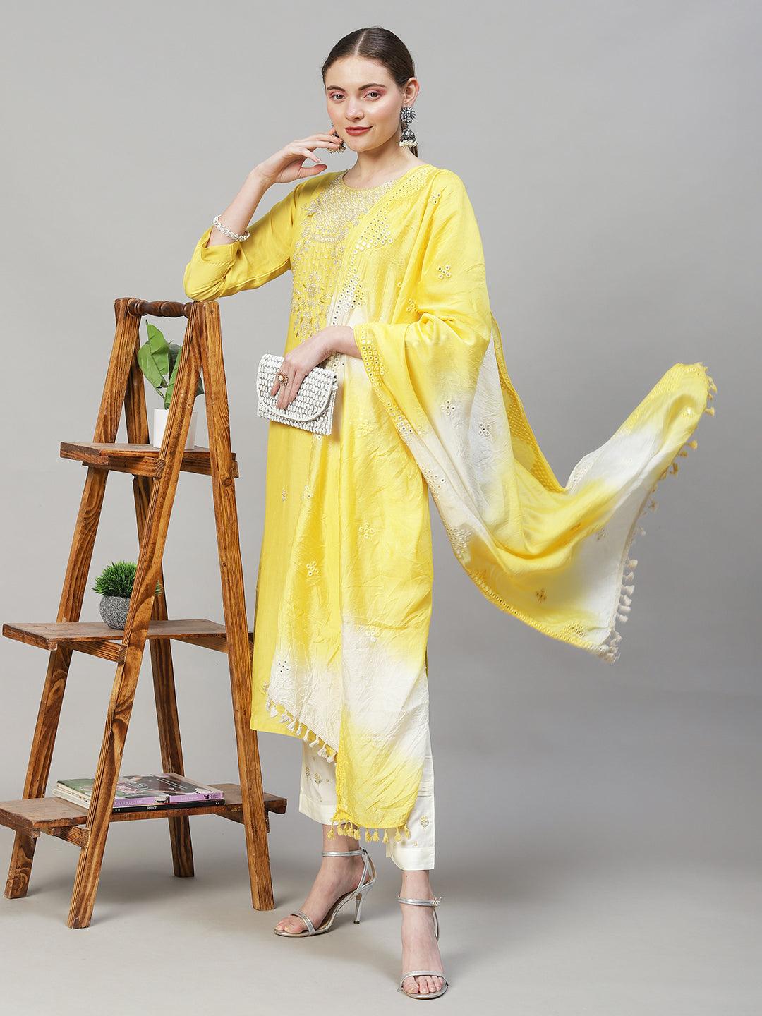 Ethnic Hand Embroidered Straight Kurta with Pants & Dupatta - Yellow - Indiakreations