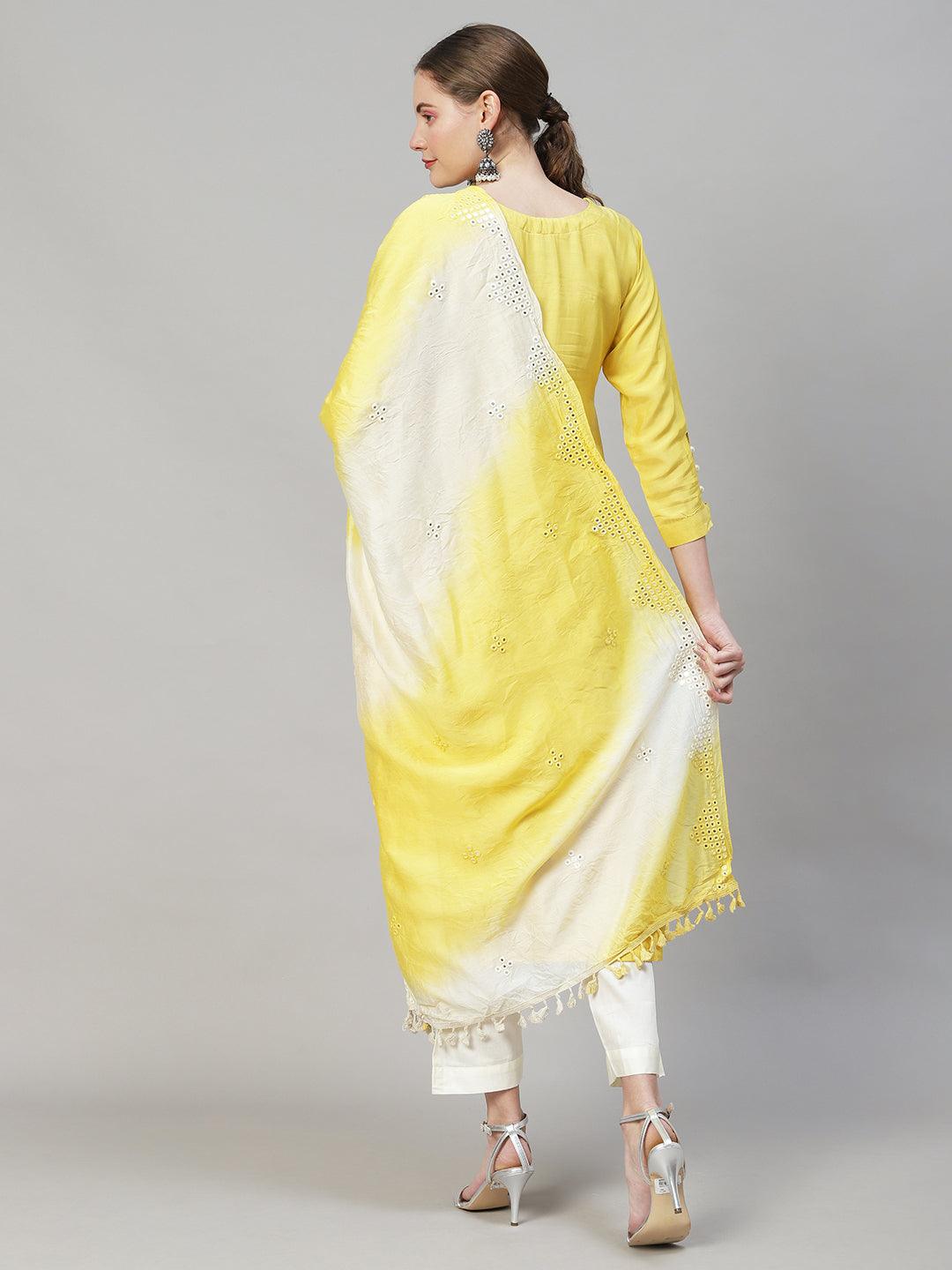 Ethnic Hand Embroidered Straight Kurta with Pants & Dupatta - Yellow - Indiakreations