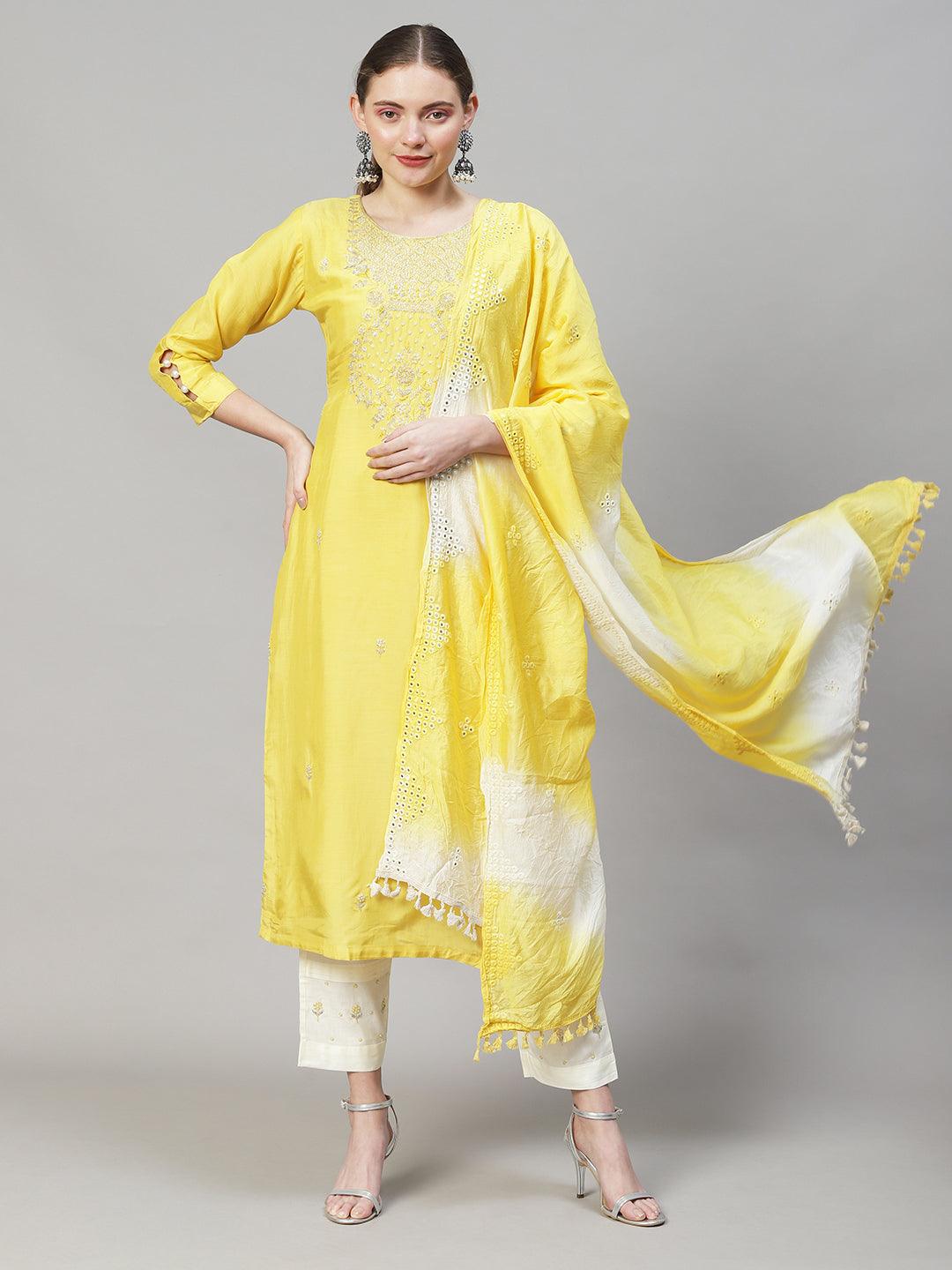 Ethnic Hand Embroidered Straight Kurta with Pants & Dupatta - Yellow - Indiakreations