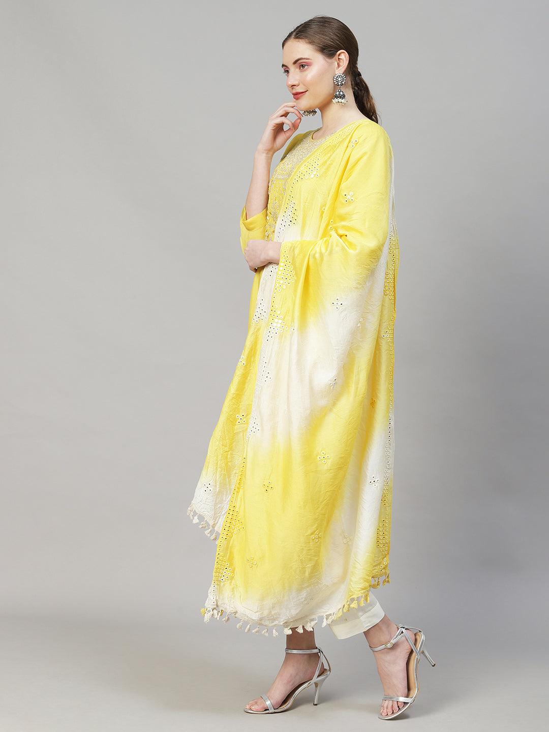 Ethnic Hand Embroidered Straight Kurta with Pants & Dupatta - Yellow - Indiakreations