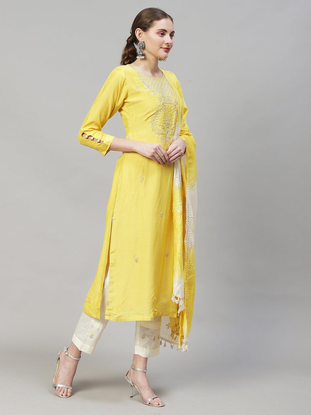 Ethnic Hand Embroidered Straight Kurta with Pants & Dupatta - Yellow - Indiakreations