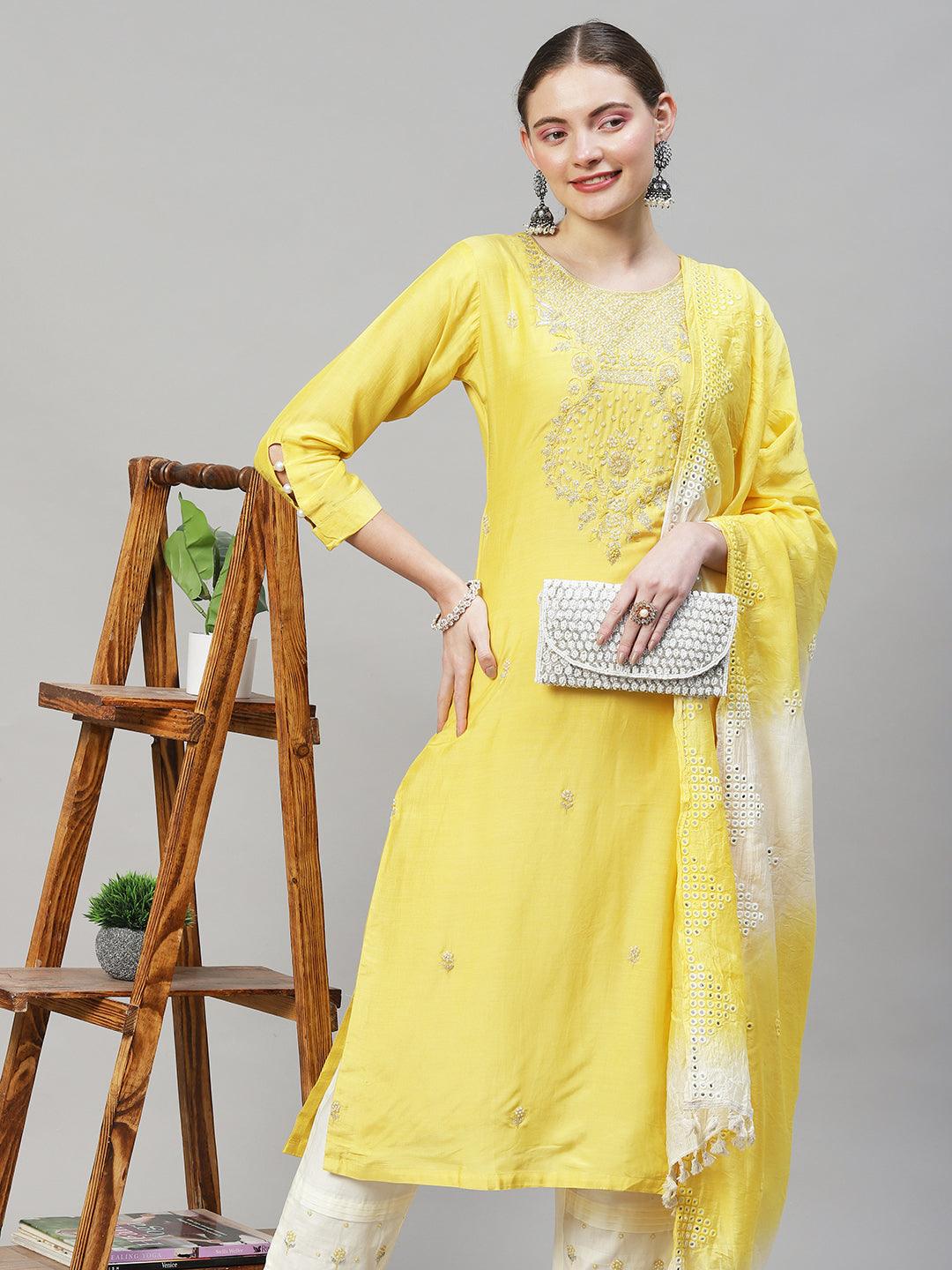 Ethnic Hand Embroidered Straight Kurta with Pants & Dupatta - Yellow - Indiakreations