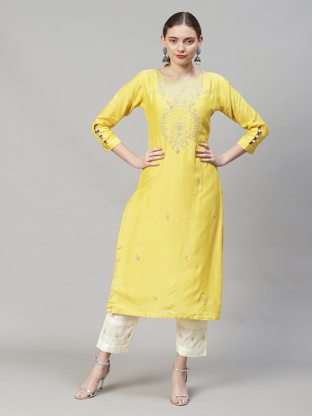 Ethnic Hand Embroidered Straight Kurta with Pants & Dupatta - Yellow - Indiakreations