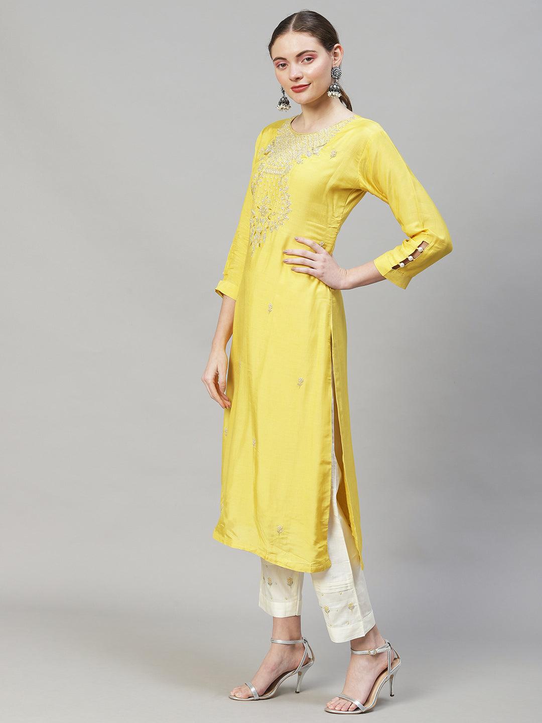 Ethnic Hand Embroidered Straight Kurta with Pants & Dupatta - Yellow - Indiakreations