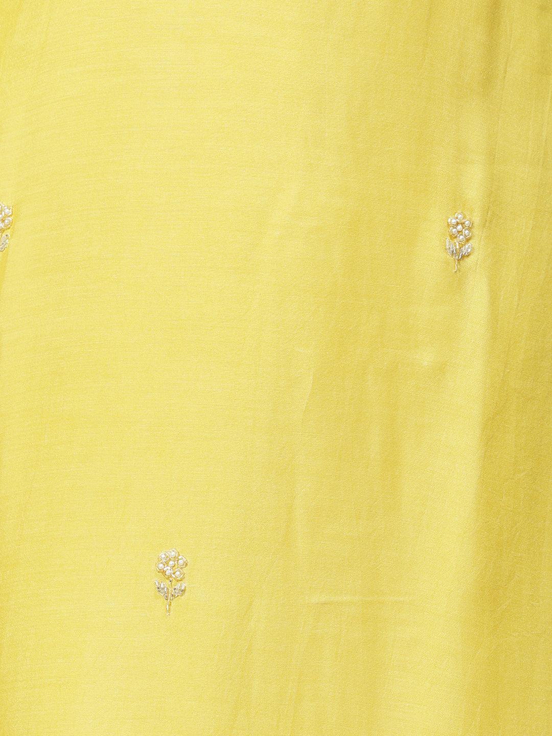 Ethnic Hand Embroidered Straight Kurta with Pants & Dupatta - Yellow - Indiakreations