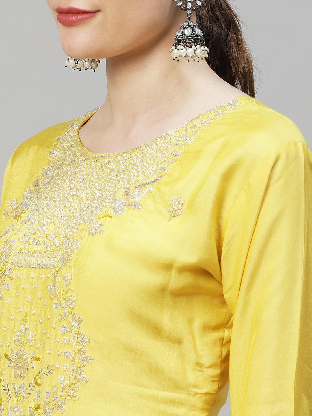 Ethnic Hand Embroidered Straight Kurta with Pants & Dupatta - Yellow - Indiakreations