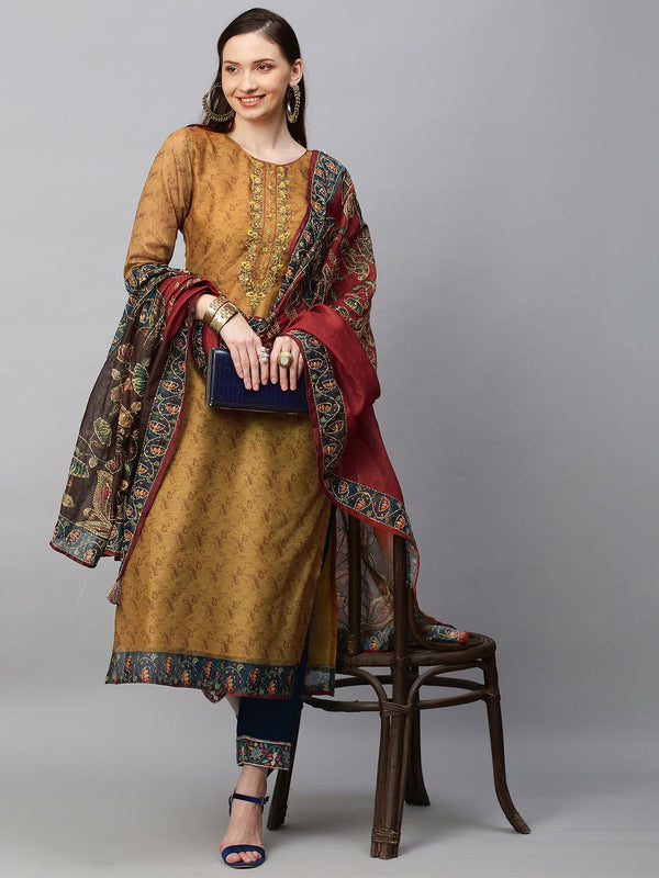 Ethnic Printed & Hand Embroidered Straight Kurta with Dupatta - Mustard - Indiakreations