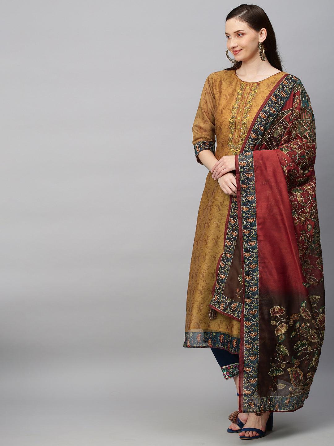 Ethnic Printed & Hand Embroidered Straight Kurta with Dupatta - Mustard - Indiakreations