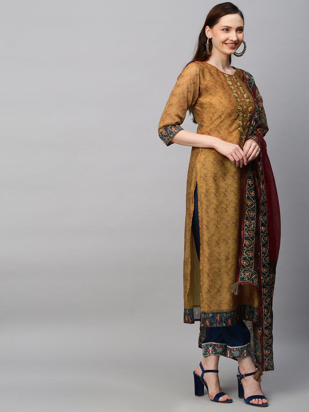 Ethnic Printed & Hand Embroidered Straight Kurta with Dupatta - Mustard - Indiakreations