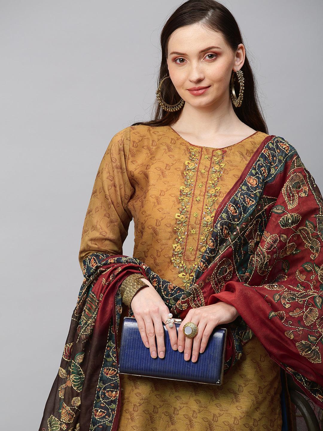 Ethnic Printed & Hand Embroidered Straight Kurta with Dupatta - Mustard - Indiakreations