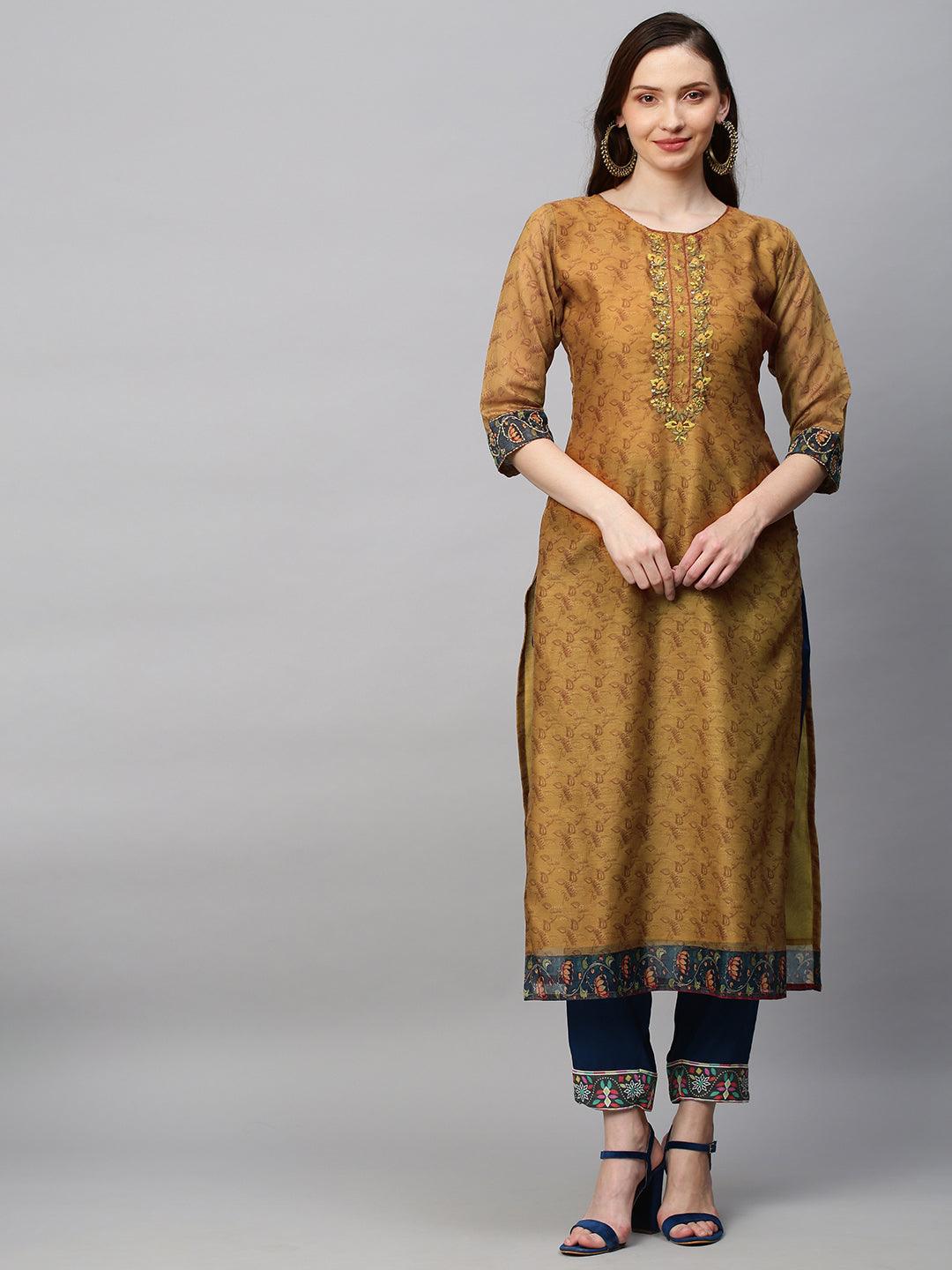 Ethnic Printed & Hand Embroidered Straight Kurta with Dupatta - Mustard - Indiakreations