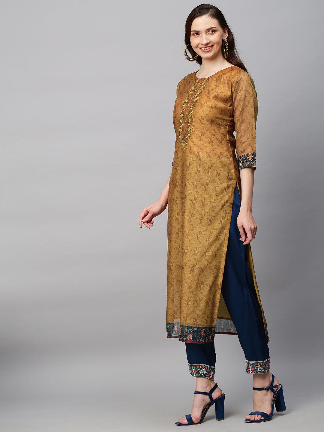 Ethnic Printed & Hand Embroidered Straight Kurta with Dupatta - Mustard - Indiakreations