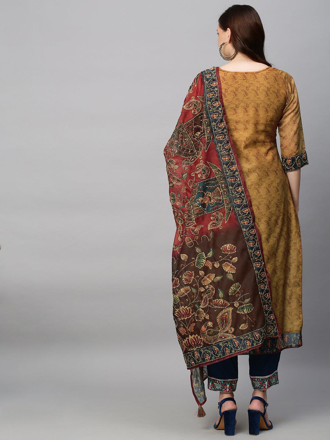 Ethnic Printed & Hand Embroidered Straight Kurta with Dupatta - Mustard - Indiakreations