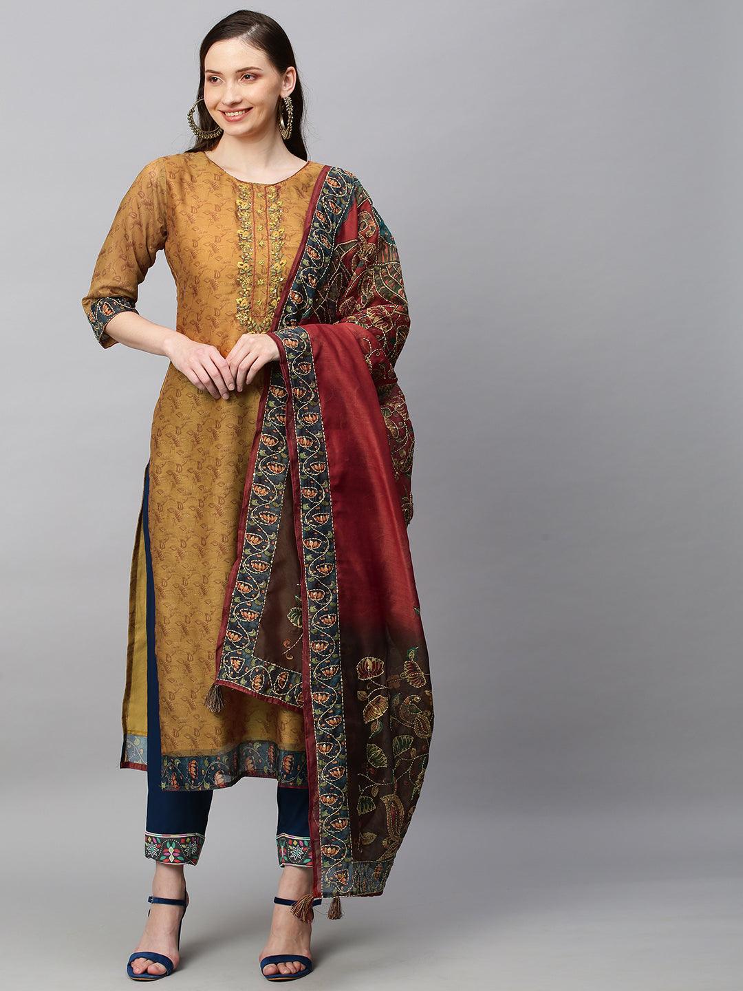 Ethnic Printed & Hand Embroidered Straight Kurta with Dupatta - Mustard - Indiakreations