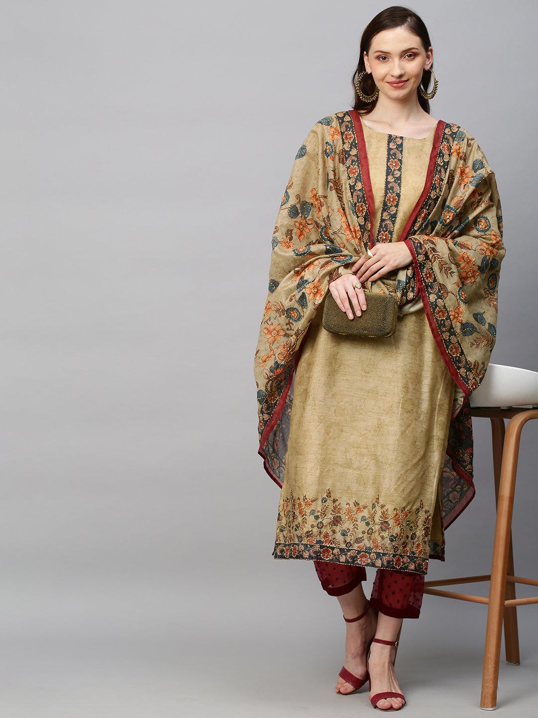 Ethnic Printed & Hand Embroidered Straight Kurta with Dupatta - Khaki - Indiakreations