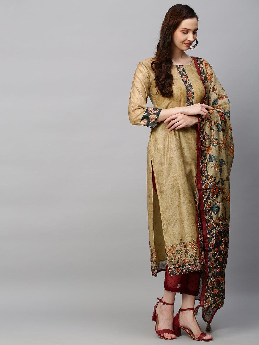 Ethnic Printed & Hand Embroidered Straight Kurta with Dupatta - Khaki - Indiakreations