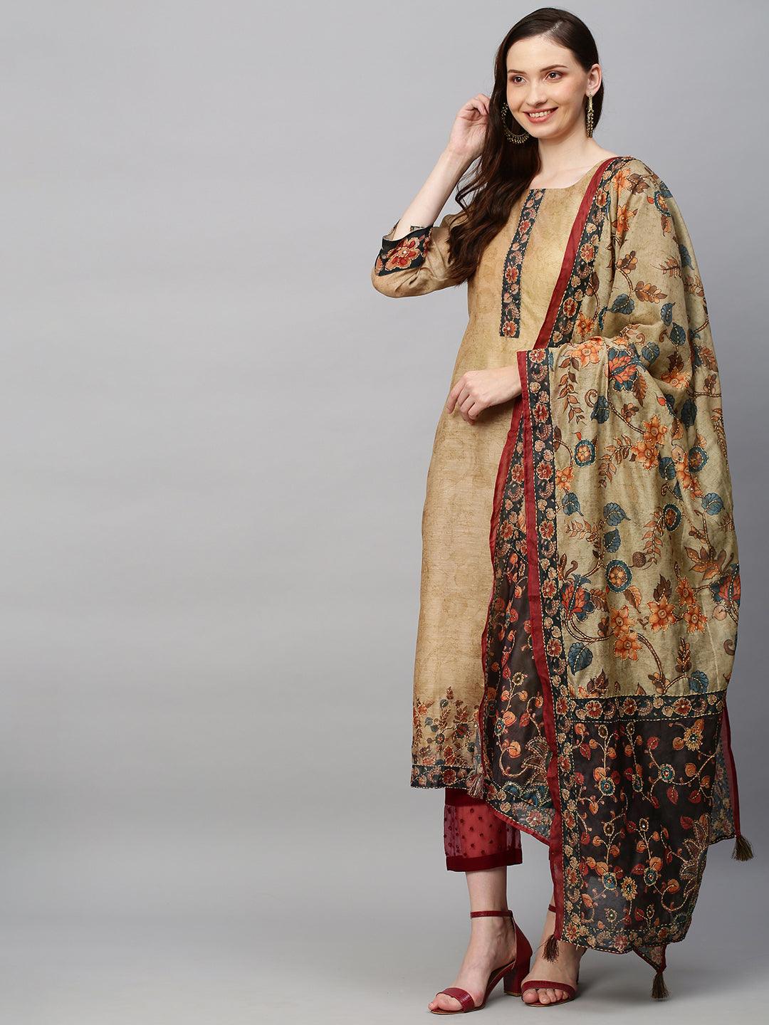 Ethnic Printed & Hand Embroidered Straight Kurta with Dupatta - Khaki - Indiakreations